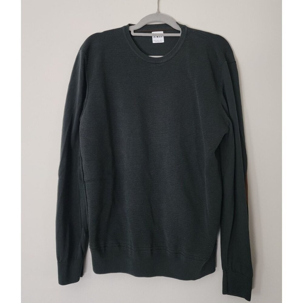 Zara Men  Dark Green Crewneck Pullover Sweater  Brown Elbow Patches Sz XL